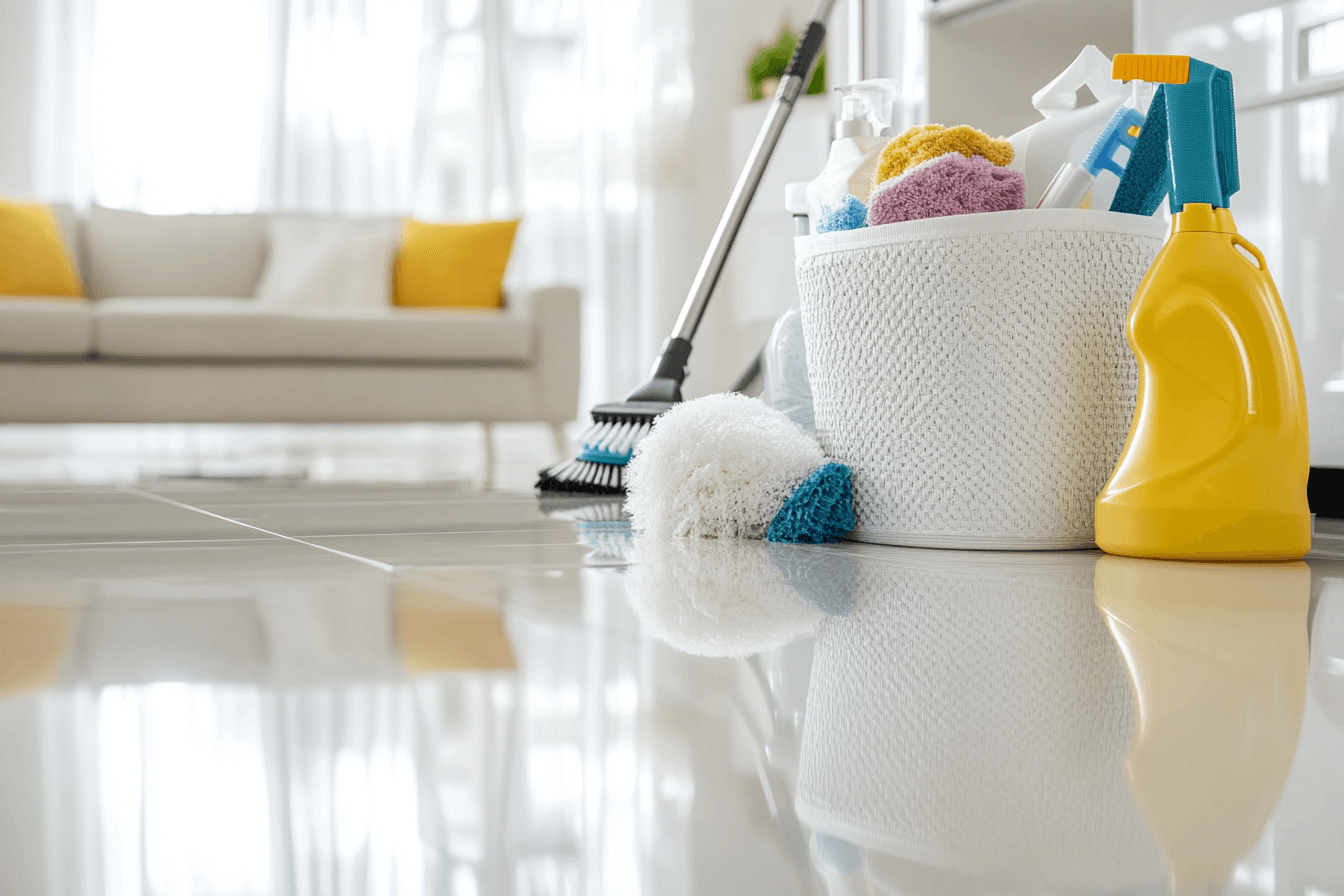 picture of a living room full of cleaning supplies 